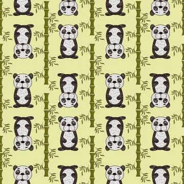 Seamless pattern illustration 4 cute Panda painted in childrens style sitting Illustrazione stock