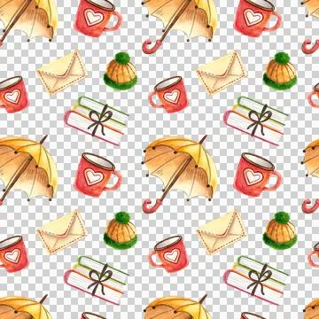 Seamless pattern illustration of autumn clothes. Sock, scarve umbrella, book Stock Illustration