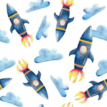 Seamless pattern illustration of blue rockets and fluffy clouds painted in wa Stock Illustration