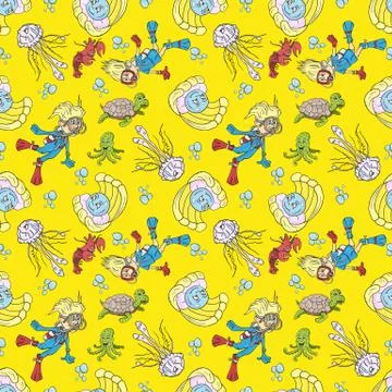 Seamless pattern illustration of a boy and girl wearing scuba gear among aqua Stock Illustration