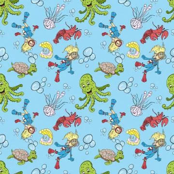 Seamless pattern illustration of a boy and girl wearing scuba gear among aqua Stock Illustration