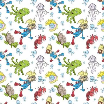 Seamless pattern illustration of a boy and girl wearing scuba gear among aqua Stock Illustration