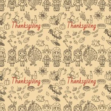 Seamless pattern illustration in childrens drawing style thanksgiving day, Do Stock Illustration