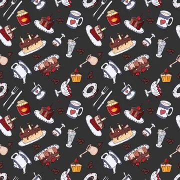 Seamless pattern illustration of confectionery sweets, black background Stock Illustration