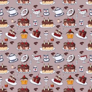 Seamless pattern illustration of confectionery sweets, gray background Stock Illustration