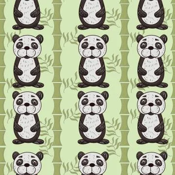 Seamless pattern illustration cute Panda painted in childrens style sitting i Stock Illustration