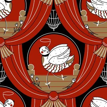 Seamless Pattern, Illustration. Cute white ballerina bird dancing in colors, on Stock Illustration