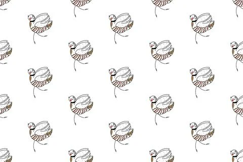 Seamless Pattern, Illustration. Cute white ballerina bird dancing. White pattern Stock Illustration