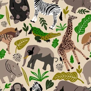 Seamless pattern illustration of cute wild safari African animals. Includin.. Stock Illustration