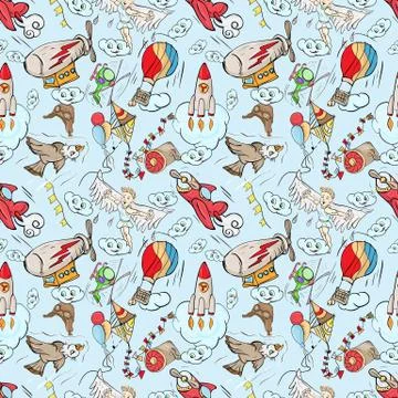 Seamless pattern illustration depicting objects that can fly in the air blue イラスト素材