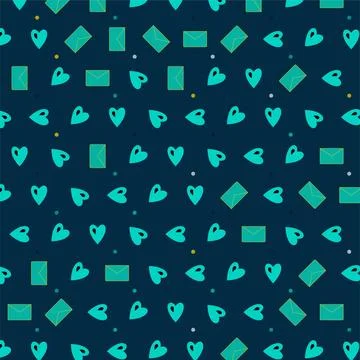 Seamless pattern illustration featuring teal hearts and envelopes on a dark.. Stock Illustration