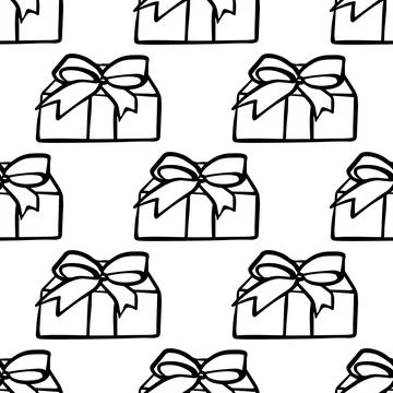 Seamless pattern with illustration of gift boxes in doodling style on white Stock Illustration
