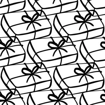 Seamless pattern with illustration of gift boxes in doodling style on white Stock Illustration