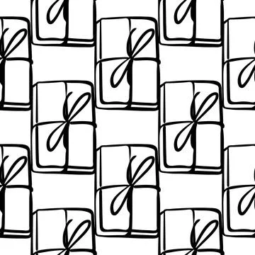 Seamless pattern with illustration of gift boxes in doodling style on white Stock Illustration
