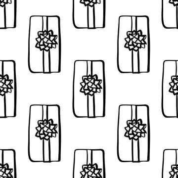 Seamless pattern with illustration of gift boxes in doodling style on white Stock Illustration