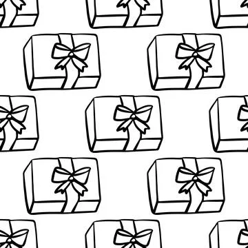 Seamless pattern with illustration of gift boxes in doodling style on white Stock Illustration