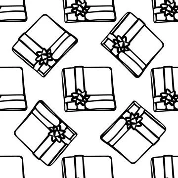 Seamless pattern with illustration of gift boxes in doodling style on white Stock Illustration