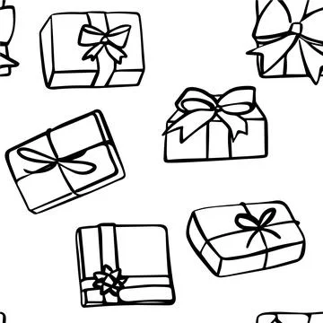 Seamless pattern with illustration of gift boxes in doodling style on white Stock Illustration