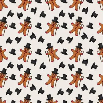 Seamless pattern illustration of gingerbread man in a cylinder with a cane an Stock Illustration