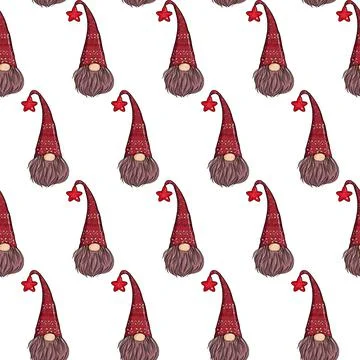 Seamless pattern illustration of a gnome with a beard in a hat. New year and Stock Illustration