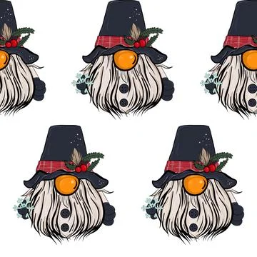 Seamless pattern illustration of a gnome with a beard in a hat. New year and Stock Illustration