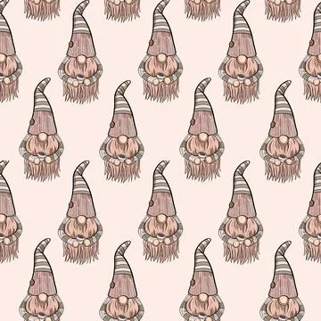 Seamless pattern illustration of a gnome with a beard in a hat. New year and Stock Illustration