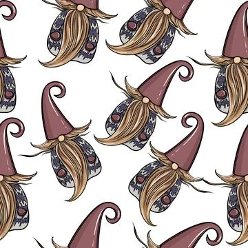 Seamless pattern illustration of a gnome with a beard in a hat. New year and Stock Illustration