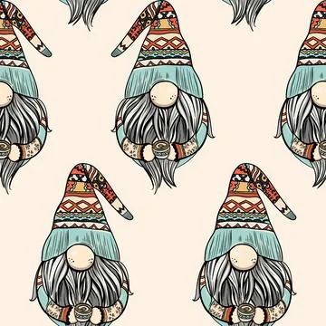 Seamless pattern illustration of a gnome with a beard in a hat. New year and Stock Illustration