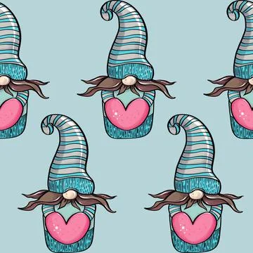 Seamless pattern illustration of a gnome with a beard in a hat. New year and Stock Illustration