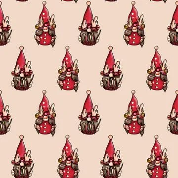 Seamless pattern illustration of a gnome with a beard in a hat. New year and Stock Illustration