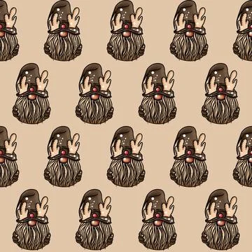 Seamless pattern illustration of a gnome with a beard in a hat. New year and Stock Illustration