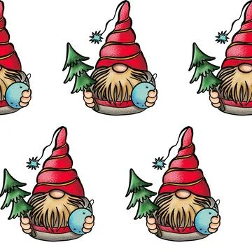 Seamless pattern illustration of a gnome with a beard in a hat. New year and Stock Illustration