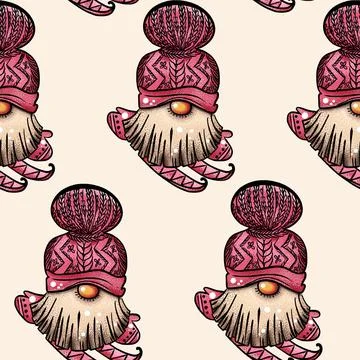 Seamless pattern illustration of a gnome with a beard in a hat. New year and Stock Illustration