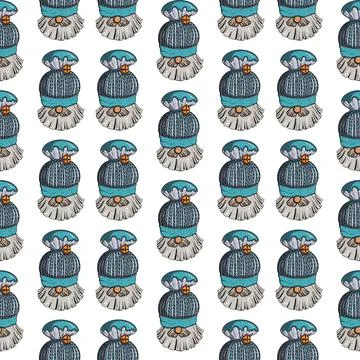 Seamless pattern illustration of a gnome with a beard in a hat. New year and Stock Illustration