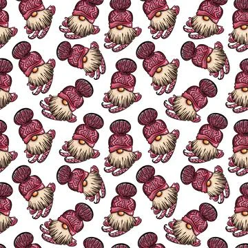 Seamless pattern illustration of a gnome with a beard in a hat. New year and Stock Illustration