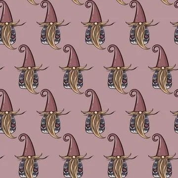 Seamless pattern illustration of a gnome with a beard in a hat. New year and Stock Illustration