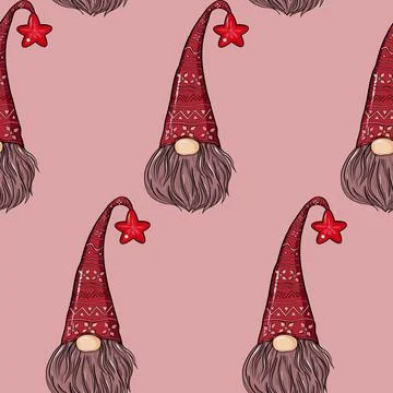 Seamless pattern illustration of a gnome with a beard in a hat. New year and Stock Illustration