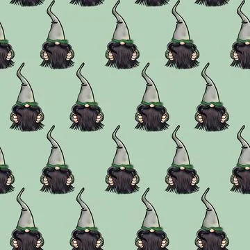 Seamless pattern illustration of a gnome with a beard in a hat. New year and Stock Illustration
