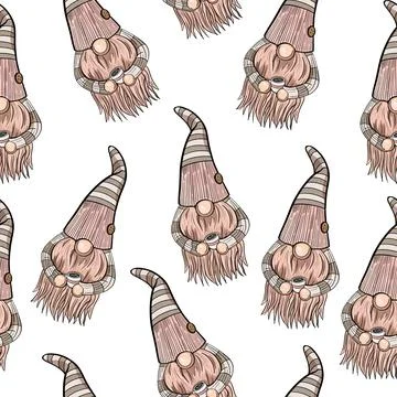 Seamless pattern illustration of a gnome with a beard in a hat. New year and Stock Illustration