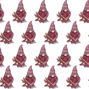 Seamless pattern illustration of a gnome with a beard in a hat. New year and Stock Illustration