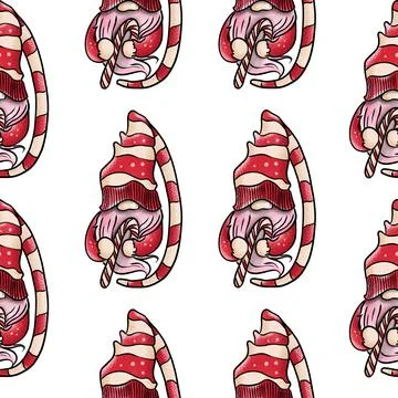 Seamless pattern illustration of a gnome with a beard in a hat. New year and Stock Illustration