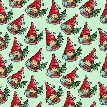 Seamless pattern illustration of a gnome with a beard in a hat. New year and Stock Illustration