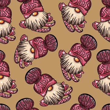 Seamless pattern illustration of a gnome with a beard in a hat. New year and Stock Illustration