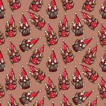 Seamless pattern illustration of a gnome with a beard in a hat. New year and Stock Illustration