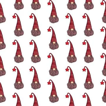 Seamless pattern illustration of a gnome with a beard in a hat. New year and Stock Illustration