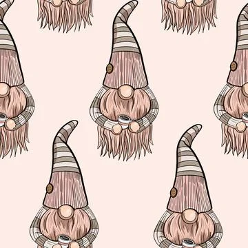 Seamless pattern illustration of a gnome with a beard in a hat. New year and Stock Illustration