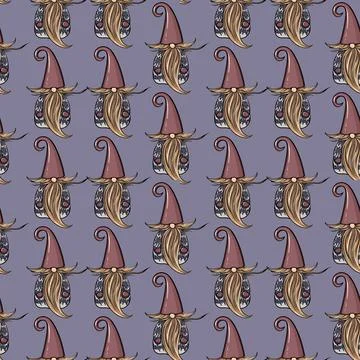 Seamless pattern illustration of a gnome with a beard in a hat. New year and Stock Illustration