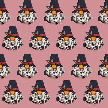 Seamless pattern illustration of a gnome with a beard in a hat. New year and Stock Illustration