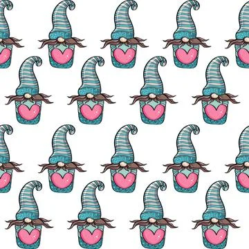 Seamless pattern illustration of a gnome with a beard in a hat. New year and Stock Illustration