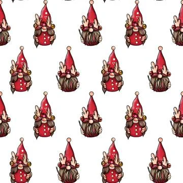 Seamless pattern illustration of a gnome with a beard in a hat. New year and Stock Illustration